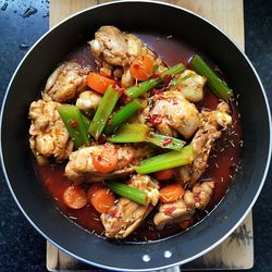 High angle view of food in cooking pan on table