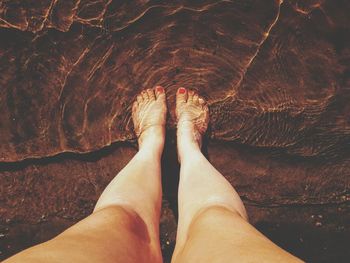 Low section of woman standing on shore at beach