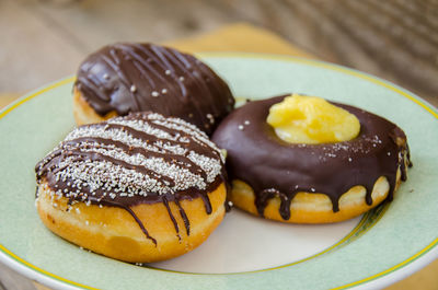 Close-up of chocolate donuts in plate