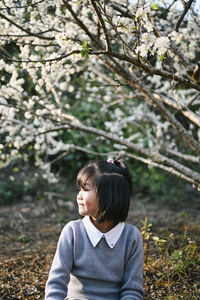 Portrait of a girl looking away in plum blossoms garden