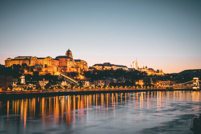 Buildings by river against clear sky