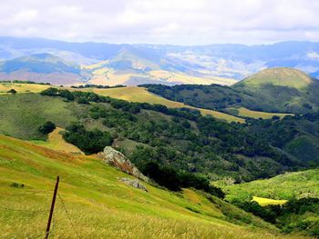 Scenic view of field and mountains against sky