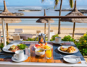 High angle view of food on table at beach
