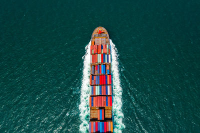 High angle view of red boat in sea