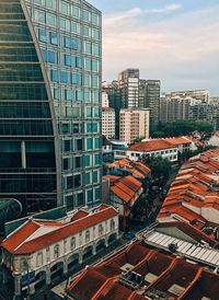 Modern cityscape against sky during sunset