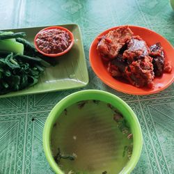 High angle view of breakfast served on table