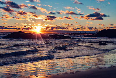 Scenic view of beach against sky during sunset