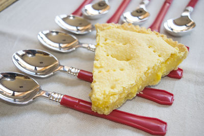 High angle view of dessert in plate on table