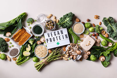 Variety of healthy vegan, plant based protein source and body building food. view from above