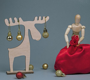 High angle view of christmas decorations on table