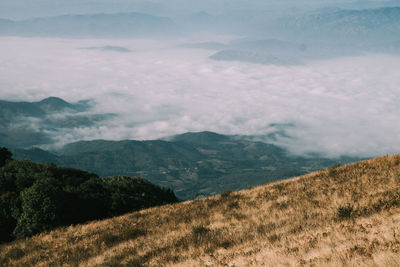 High angle view of mountains against sky