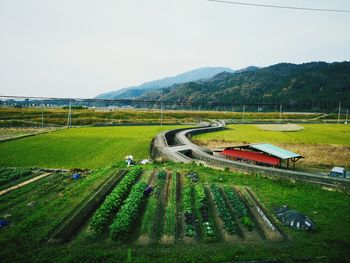 High angle view of agricultural field against sky