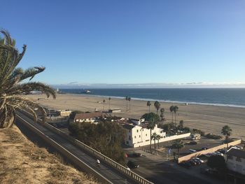 High angle view of beach against clear blue sky