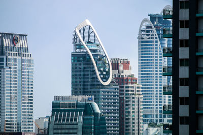 Low angle view of modern buildings against clear sky