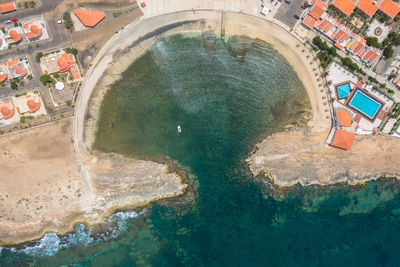 Aerial view of resorts by sea