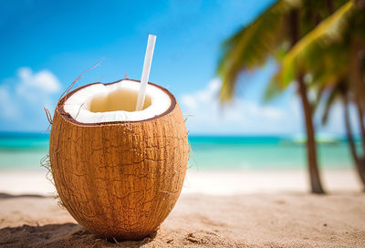 Close-up of coconut on beach