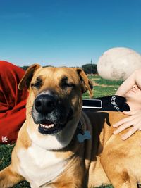 Portrait of man with dog against sky