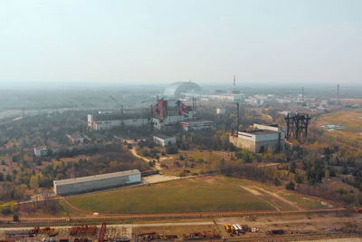 Chernobyl nuclear power plant, aerial view. territory contaminated by radiation near chernobyl npp.