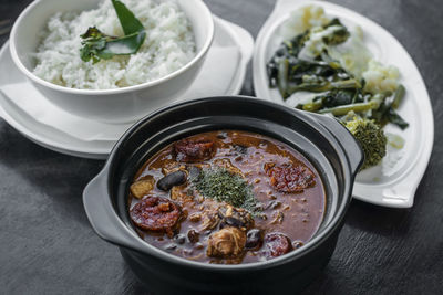 High angle view of food in bowl on table