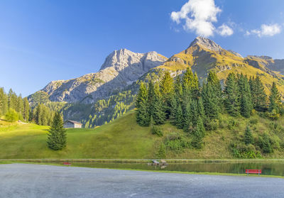 Scenic view of trees and mountains against sky