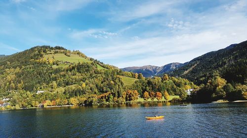 Scenic view of lake and mountains against sky