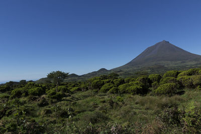 Scenic view of mountains against clear blue sky