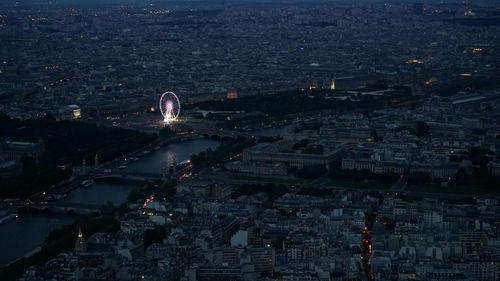 High angle view of city buildings at night