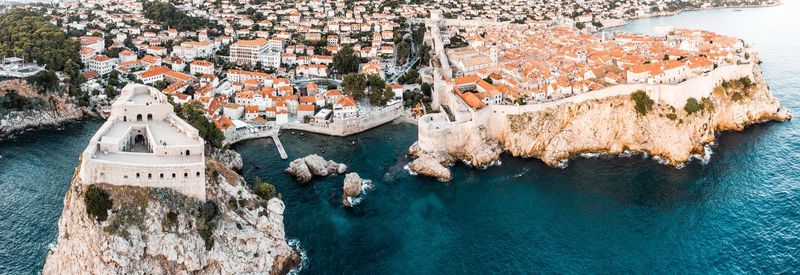 High angle view of buildings in city of dubrovnik with city walls and kings landing game of thrones. 