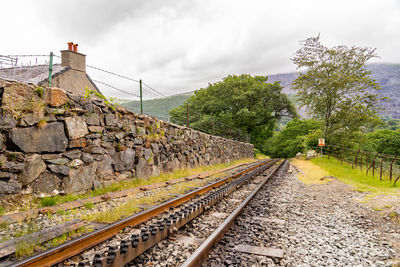 Railroad tracks by plants against sky