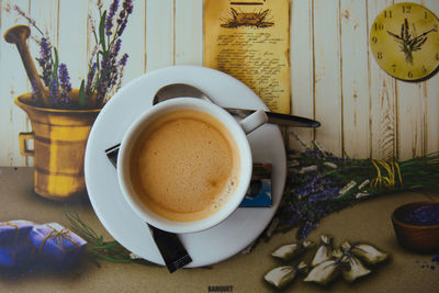 Directly above shot of coffee cup on table