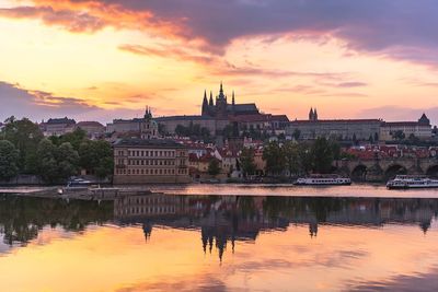 Reflection of building in river during sunset