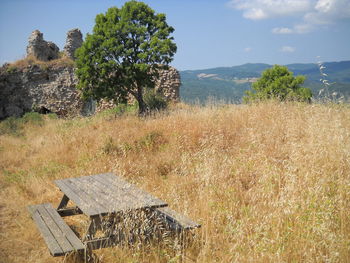 Empty picnic table on grassy field against mountains