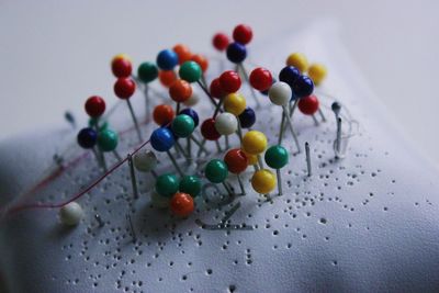 High angle view of multi colored candies on table