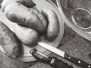 High angle view of meat in plate on table