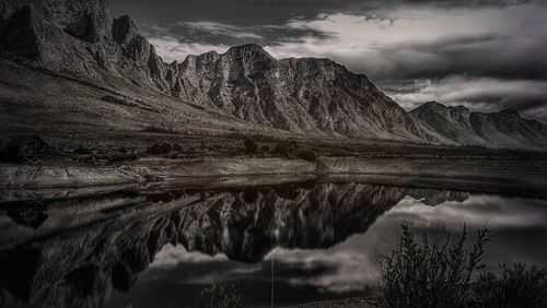 Scenic view of lake and mountains against sky