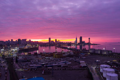 High angle view of buildings against sky during sunset