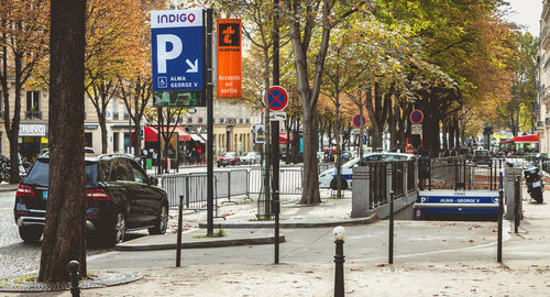 Road sign by trees on street in city