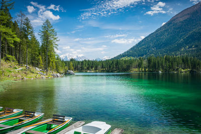 Mountain lake hintersee in the alps of berchtesgaden on a day in spring