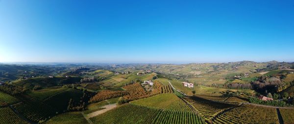 Aerial view of agricultural field against clear sky