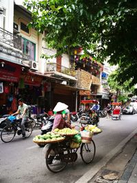 People riding bicycles on street in city