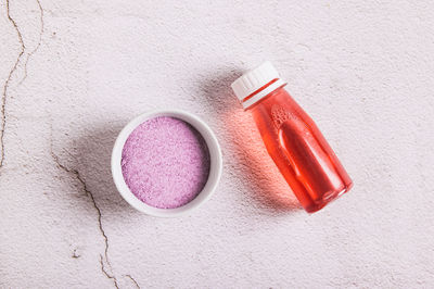 High angle view of bottles on table
