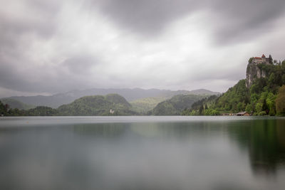 Scenic view of lake and mountains against sky