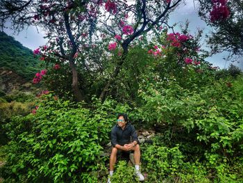 Portrait of young man sitting on tree