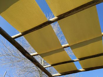 Low angle view of water hanging against clear sky