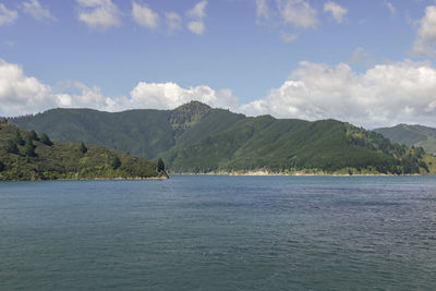 Scenic view of sea and mountains against sky