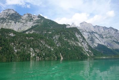 Scenic view of lake and mountains against sky