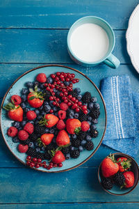 High angle view of strawberries in bowl on table