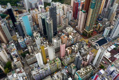 High angle view of modern buildings in city