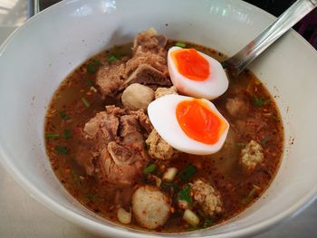 High angle view of soup in bowl