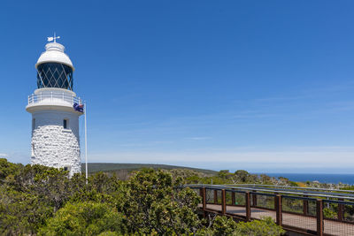 Lighthouse by sea against sky